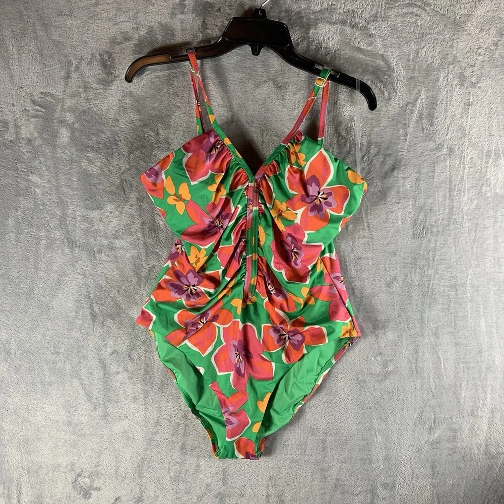 Sanctuary Swim Women's Swimsuite XL One Piece‎ Shirred Front Floral Print Green